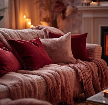 Cozy living room with velvet pillows, blankets, and candlelight for Valentine’s night.