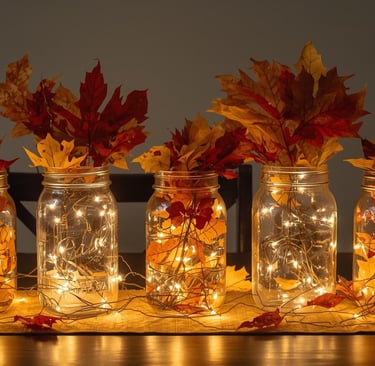a group of mason jars with lights and leaves