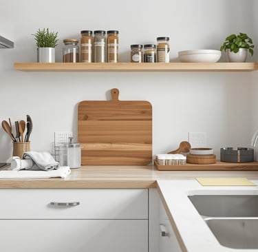 Bright kitchen with organized cooking, prep, and cleaning zones in a natural layout.