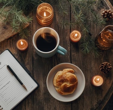 Cozy workspace with coffee, notebook, and holiday planning checklist.