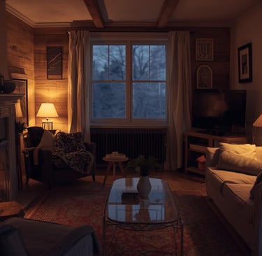Tidy living room at night with soft lamplight and cozy atmosphere.