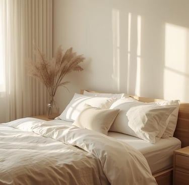 Peaceful bedroom with neutral decor, sunlight, and minimal cozy touches.