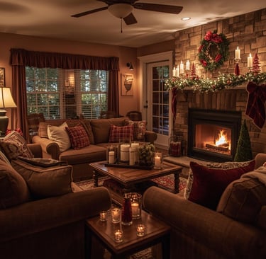 a cozy living room with a fireplace and Christmas decorations