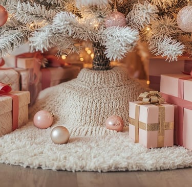 Christmas tree base with faux fur skirt and color-coordinated wrapped gifts in pink and gold.