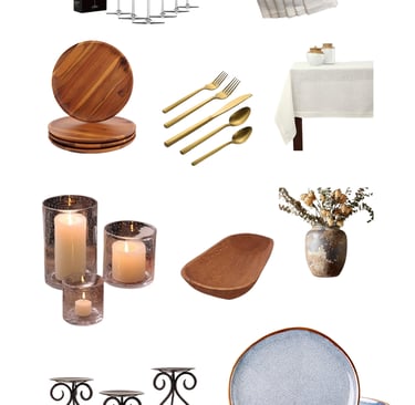 Rustic Thanksgiving table with crystal glassware, linen napkins, wooden chargers, vase, and candles