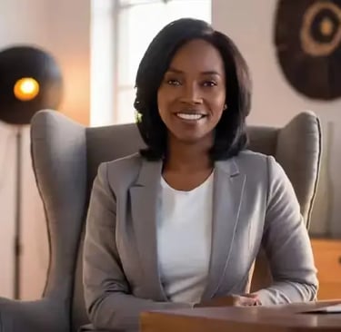 Femme sour!ante assise près de son pordinateur de bureau