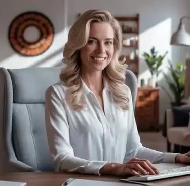 Une femme souriante devant son ordinateur de bureau