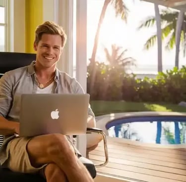 Un homme travaillant sur son ordinateur dans un décor tropical