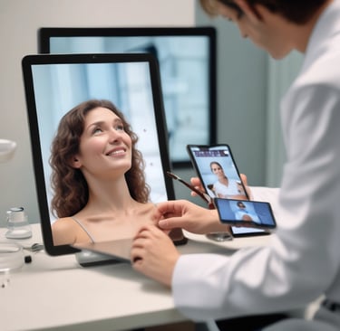 A dermatologist consulting with a patient via video call in a modern office setting.