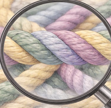 Braided strands of colourful string under a magnifying glass