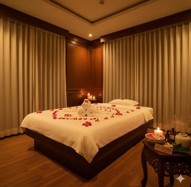 Relaxing spa room at Della Spa Kalyan West with candles, rose petals, with full body massage setup