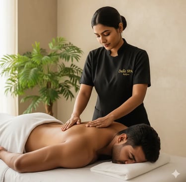 Luxury spa room at Della Spa Kalyan with calming lights & full body massage bed. best spa in Kalyan