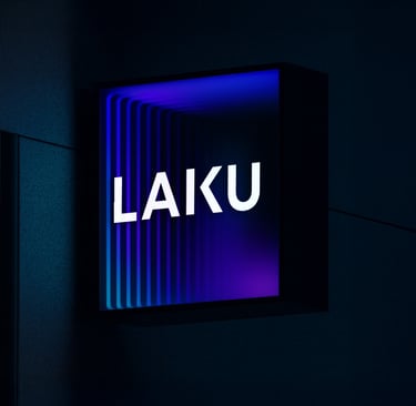 Modern brand identity and illuminated signage design for LAKU. A contemporary branding project focus