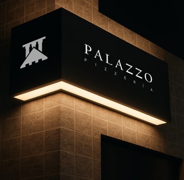Exterior signage and restaurant branding design for Palazzo Pizzeria.