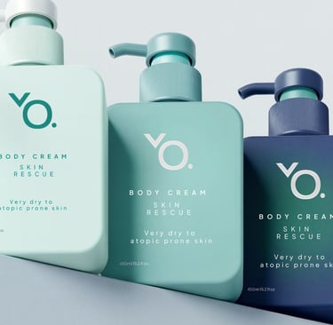Skincare brand identity and body cream packaging design for VO. A clean and minimalist