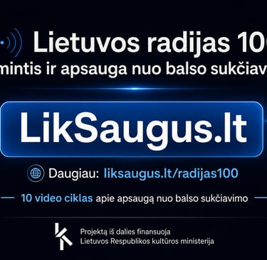 Vintage radio and digital padlock graphic for LikSaugus.lt voice fraud prevention educational video series.