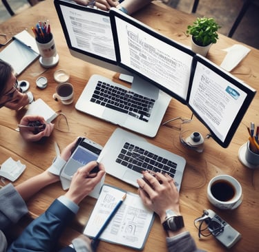 A modern office space with a team collaborating on marketing strategies.