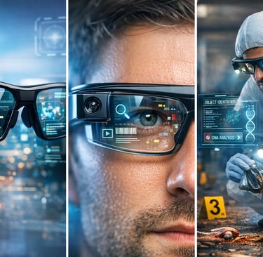 Óculos com inteligência artificial utilizados em perícia criminal, exibindo análise de dados...