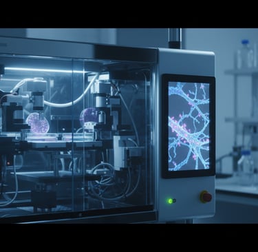 Equipamentos de laboratório de ponta com iluminação azulada analisando células-tronco para a cura do