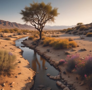 A desert grow with three and flowers