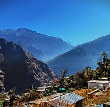 Mountain village with scattered houses