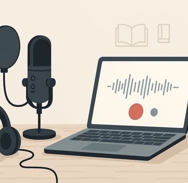 Set casero para grabar audiolibros con micrófono USB, auriculares y notebook.