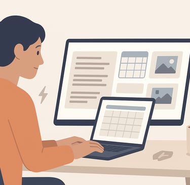 Trabajo con IA: texto, calendario y miniaturas en pantalla, escritorio simple.