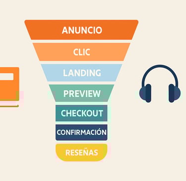 Embudo de marketing en 7 etapas para ebooks y audiolibros, estilo minimalista