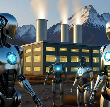 Cuatro robots humanoides frente a una fábrica con chimeneas humeantes y montañas nevadas al fondo.