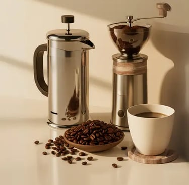 accessoires de cafetières à piston sur table de cuisine
