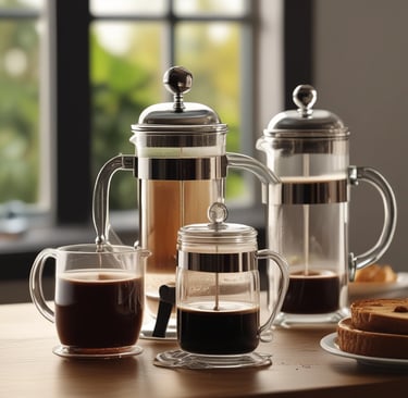 trois modèles de cafetières à piston et du pain pour le petit déjeuner