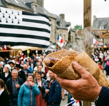 fête bretonne avec le gwenadu et un monsieur tenant une galette saucisse