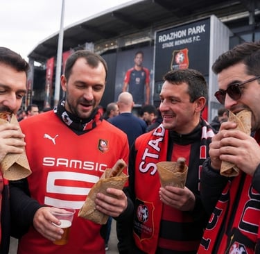 supporters rennais dégustant des galettes saucisses