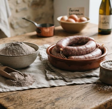 table présentant les ingrédients bruts : farine de sarrasin, saucisses, sel de Guérande