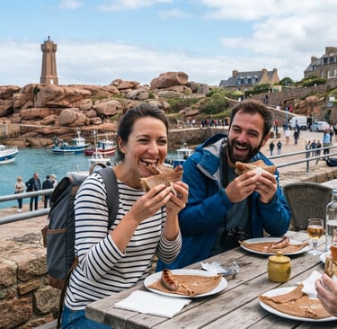 touristes dégustant une galette saucisse dans un paysage breton