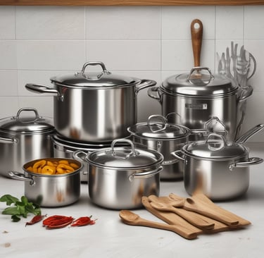 A kitchen area with various cooking utensils and equipment. Shelves hold cans labeled with ingredients like eggs, beets, and camel. Large ladles hang over metal countertops, and pots are stored below. Overhead, wiring is visible alongside a light fixture.