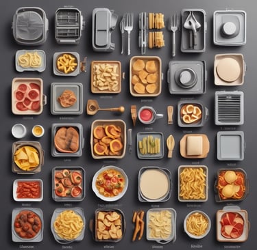 An assortment of stainless steel kitchenware is displayed in colorful plastic bins, arranged in a busy market setting. The items include small bowls, pots, and various kitchen utensils, tightly packed together. In the background, more kitchenware and items in plastic packaging are stacked on shelves.