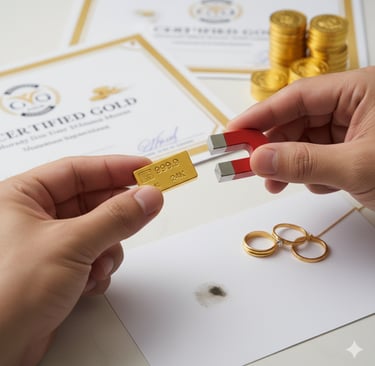 menguji keaslian emas batangan dengan magnet, di samping beberapa perhiasan emas, sertifikat, dan koin emas yang bertumpuk.