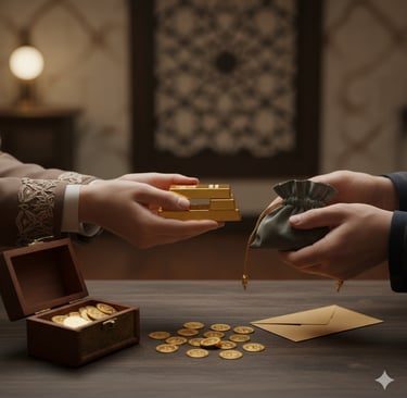 Tangan menyerahkan emas batangan, tangan lain memegang kantong, di meja ada koin dan kotak kayu
