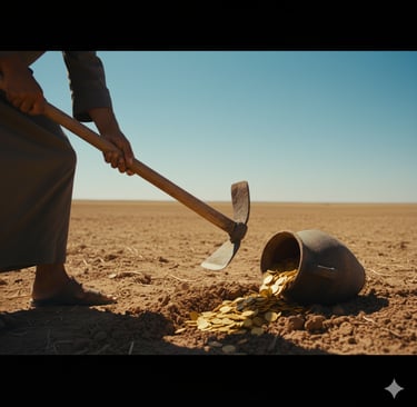 Sebuah guci kuno berisi koin-koin emas yang bersinar