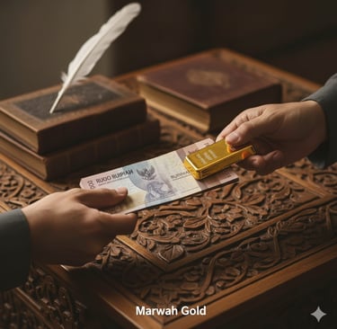 satu tangan memegang uang kertas Rupiah dan tangan lainnya memegang batangan emas kecil