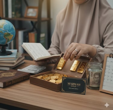 mengelola kotak berisi emas batangan dan koin Marwah Gold di meja kerja untuk perencanaan keuangan.