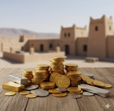 Tumpukan koin emas dan perak di atas meja kayu dengan batangan emas dan perak di latar belakang pedesaan gurun