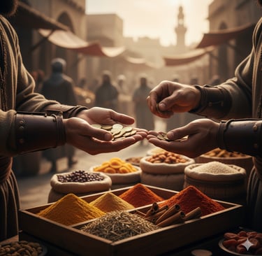 Tangan-tangan bertukar koin emas di atas tumpukan rempah dan biji-bijian di pasar tradisional, menunjukkan transaksi fisik."