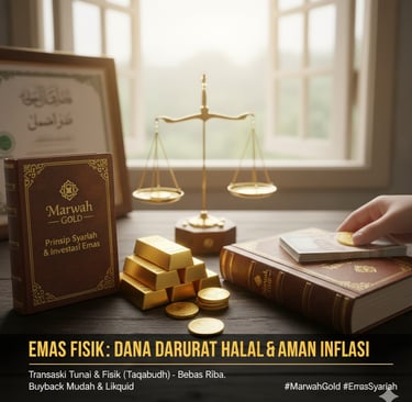 Gambar menunjukkan meja kayu dengan tumpukan emas batangan dan koin, buku berjudul "Marwah Gold", sertifikat, timbangan, dan 