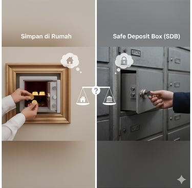 Ilustrasi perbandingan simpan emas di rumah vs. safe deposit box bank.