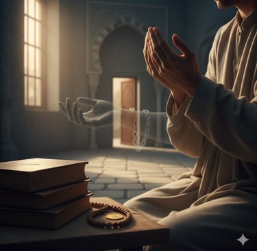 Pria berdoa di samping buku-buku agama dengan rantai transparan.