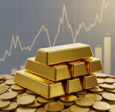 Batangan dan koin emas dengan grafik ekonomi di latar belakang.