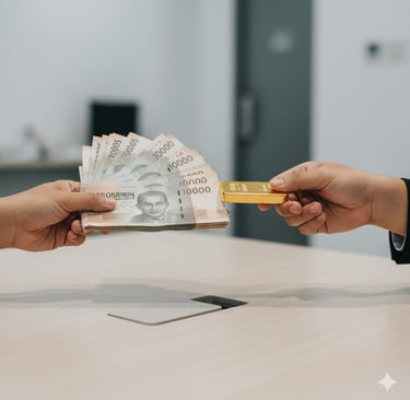Pertukaran tunai uang Rupiah dengan emas batangan murni dalam transaksi syariah.