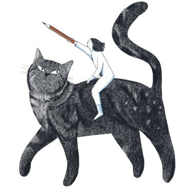 illustration of a person riding a cat with a pencil on her hand leading the way
